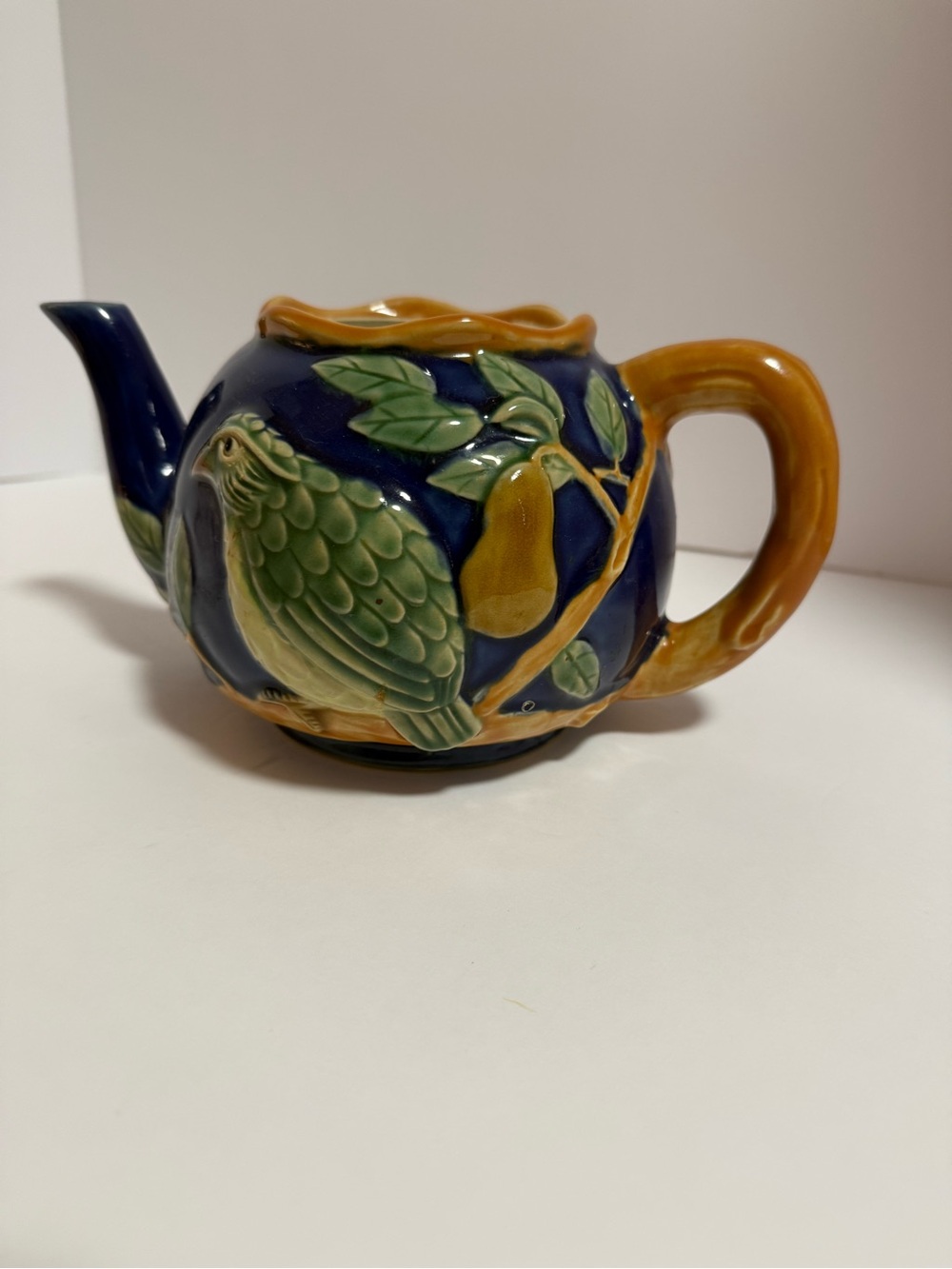 Vintage Majolica Handpainted Bird & Pear Teapot | Cottagecore